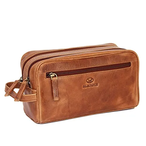 ALMADIH Kulturbeutel PIETRO Braun Vintage - Kulturbeutel aus hochwertigem Leder mit zwei Reißverschlussfächern für optimale Organisation. Ideal für stilvolle Reisen und entwickelt eine einzigartige Patina.