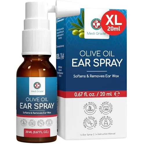 Medi Grade Olivenöl Spray für Ohren, 20 ml – 100% Natürliches Ohrenreiniger Spray - Ohrenmedikation: Sanfte und effektive Entfernung von Ohrenschmalz mit 100% reinem, medizinisch gefiltertem Olivenöl – ideal für einfache Anwendung und Unterwegs.