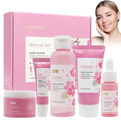 MINGRUO 5 Teiliges Geschenkset Hautpflegeset Für Frauen, Sakura Hautpflegeset, Hautpflege-Sets, Sanfte Haut Reinigung, Gesichtspflege-Werkzeug Kirschblütenextrakt (5-set)