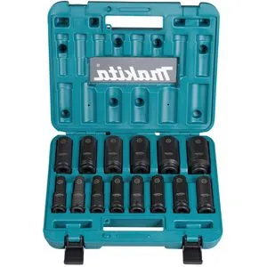 Makita Steckschlüssel E-16586, 14-teilig, 10 - 32mm - Werkzeug-Set für Schlagschrauber, 14-teiliges Set aus Chrom-Molybdän-Stahl, inkl. stabilem Kunststoffkoffer für sicheren Transport und Aufbewahrung.
