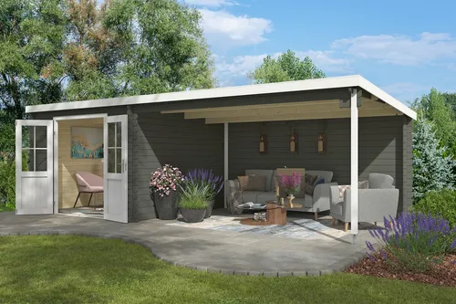 Gartenhaus Blockhaus Pultdach 28 mm St Louis grün - Gartenhaus mit 28 mm Wandstärke und Pultdach, ideal für Gartenfreunde. Abschließbar für Sicherheit, mit 8.2 m² Nutzfläche und robustem Holzmaterial.