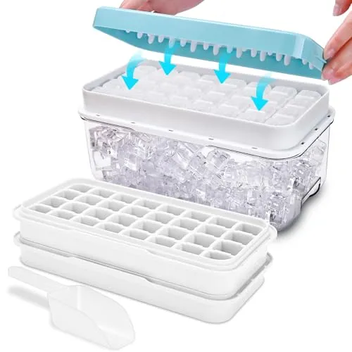 Eiswürfelbehälter, lebensmittelechte Eiswürfelform mit Deckel und Behälter, Alle Eiswürfel in einer Sekunde freigeben, 64 Stück Eiswürfel(Blau Ice Cube Tray)