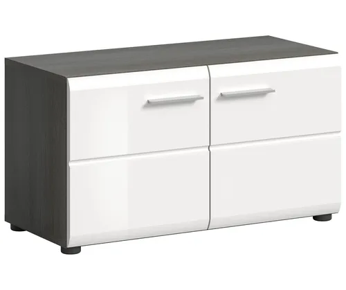 Sitzbank >Salsa< in Rauchsilber/Weiß Hochglanz - 80x44x37cm - Die stilvolle Sitzbank >Salsa< vereint modernes Design mit Funktionalität. Mit kompakten Maßen von 80x44x37 cm ist sie ideal für jeden Raum und bietet zusätzlichen Stauraum durch ihre zwei Türen.