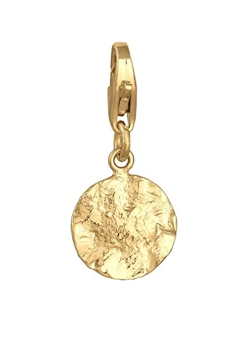 Basic Charm-Anhänger Gold Coin aus 925 Sterling Silber - Charm für Damen und Mädchen, kunstvoll strukturiert mit gehämmerter Oberfläche, passend für alle Charmträger und Bettelarmbänder, ideal als Geschenk für besondere Anlässe.