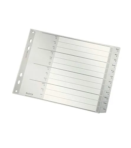 Leitz Register für A4, Deckblatt aus Karton und 20 Trennblätter aus Kunststoff, Taben mit Monatsdruck Dez-Jan, Halbe Höhe und Überbreite, Grau, 12880085
