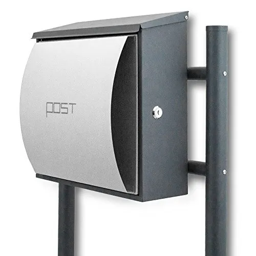 Standbriefkasten BITUXX mit Seitenschloss - Dunkelgrau / Hellgrau - Robuster Standbriefkasten aus Metall, abschließbar mit Zeitungsfach, ideal für kommerzielle und private Nutzung. Maße: 50x19x124 cm, inkl. 2 Schlüssel.