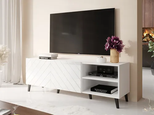 MIRJAN24 TV-Lowboard Abeto 150 – Stilvolle TV-Kommode in Weiß Hochglanz - Platzsparendes TV-Lowboard mit 2 Türen, 150 cm breit und elegant im Design. Ideal für Ihr Wohnzimmer, bietet viel Stauraum und eine moderne Optik.