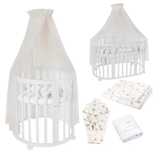 Waldin Babybett OWAL 7in1 aus Holz mit Matratze - Vielseitiges Babybett aus Buche, mitwachsend und inklusive Matratze, ideal für Neugeborene bis Kleinkinder. Stilvolles Design in Champagner Löwenzahn.