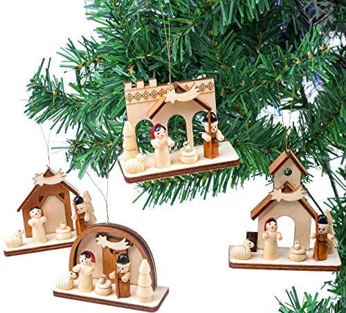 BRUBAKER 4-teiliges Set Krippen Holzanhänger - Baumschmuck Maria und Josef mit Jesus - Weihnachtsanhänger Christbaumschmuck aus Holz - Handbemalt