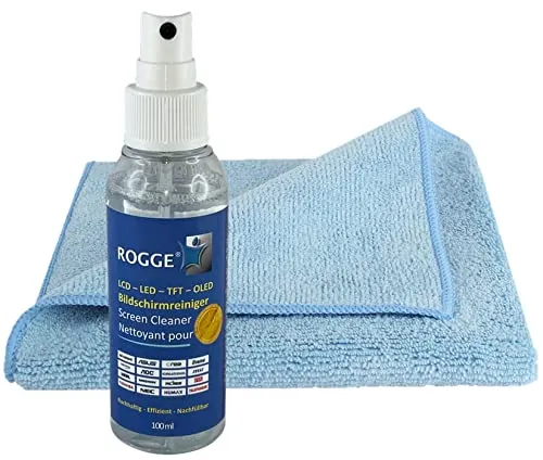 ROGGE Bildschirmreiniger 100ml, inkl. 1x SUPER Soft Microfasertuch 40x40cm. Streifenfreie Reinigung für alle glatten und empfindlichen Oberflächen geeignet, nachfüllbar und biologisch abbaubar.