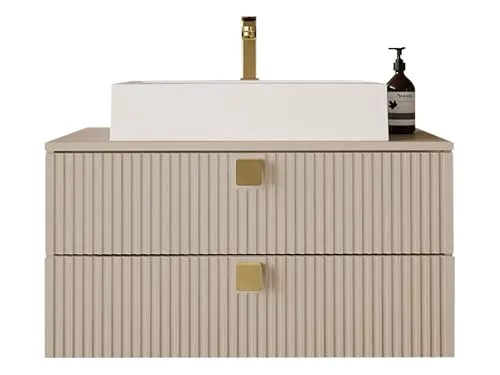 Mirjan24 Waschbeckenschrank Grentis 01 mit Waschbecken - Komplettprogramme für Badezimmer, eleganter Unterschrank in Wüstensand mit hochwertigem Mineralwerkstoff-Waschbecken und stilvollen goldenen Kunststoffgriffen.