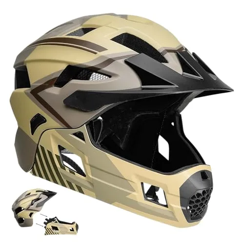 Crazy Safety Sandfarbener Fullface Helm |Für Mountainbike, BMX |Kinderhelm mit abnehmbarem Kinnschutz |2-in-1 Fullface- und Standardhelm | Motocross Fahrradhelm Größe M(54-57cm)