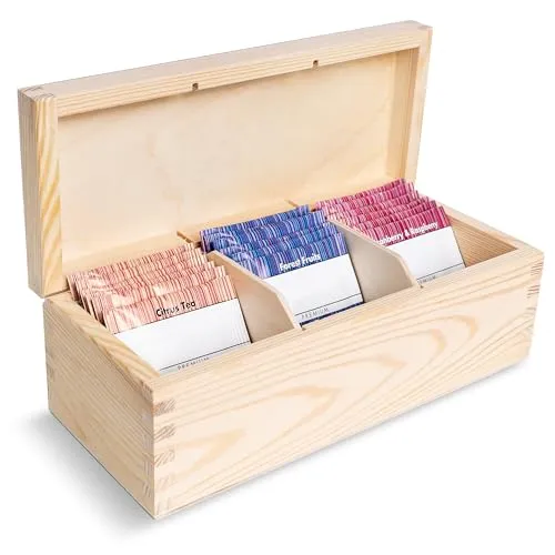Creative Deco Teebox Holz aus natürlichem Kiefernholz | 22 x 9 x 7,5 cm | Teekiste 3 Fächer und Deckel | Tee-Organizer | Perfekt für Decoupage, Dekoration, Teebeutel Aufbewahrung