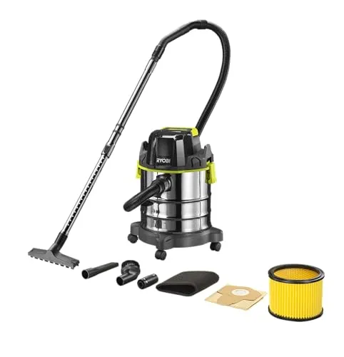 Ryobi Nass-Trockensauger 18V ONE+ R18WDV-0 - Akku-Nass-Trockensauger mit 18 Liter Behältervolumen, 22 Minuten Laufzeit und Blasfunktion für schwer erreichbare Ecken. Ideal für Werkstattstaub und -schutt.