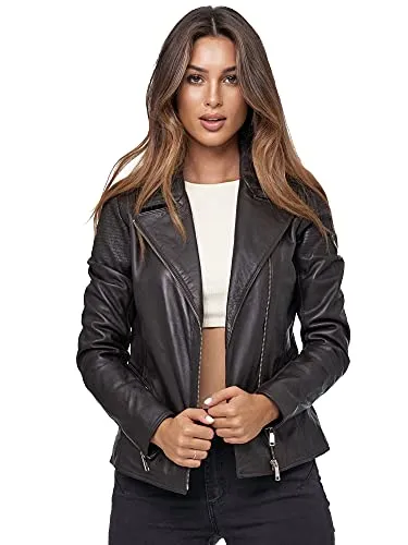 Tazzio Damen Lederjacke - Stilvoll und Zeitlos - Moderne Damen Lederjacke von Tazzio mit schrägem Reißverschluss und praktischen Taschen. Hochwertiges Material für angenehmen Tragekomfort, ideal für jede Jahreszeit. Slim Fit für eine perfekte Passform.