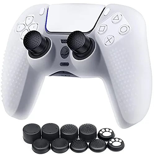 MMOBIEL Silikongummi-Anti-Rutsch-Überzug mit 5 unterschiedlich großen Daumengriffen, spezielles Katzenpfoten-Design, kompatibel mit PS5 DualSense Controller, weiß