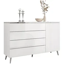 Kommode AURORA SILVER 1D4S mit chrom Beinen - Stilvolle Kommode in Hochglanz mit 4 Schubladen und Schrank, bietet viel Stauraum und verleiht jedem Raum einen eleganten Akzent. Ideal für moderne Interiors!