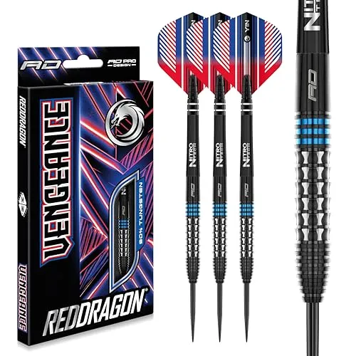 RED DRAGON Vengeance Blue 24 Gramm Premium Wolfram Steeltip Dart Set mit Flights und Schäften