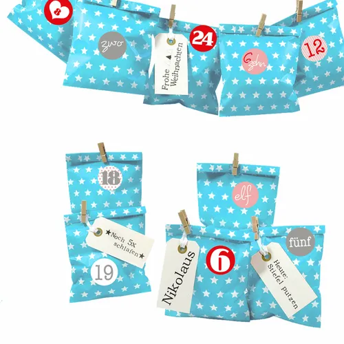 DIY Adventskalender Bescherung blau Stern Papiertueten flach Ziffern rosa-rot