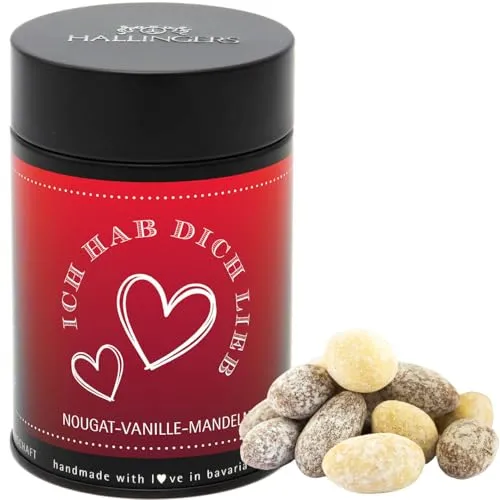 Hallingers Genuss Manufaktur Nougat-schokolierte Vanille-Mandeln handgemacht als Geschenk für besondere liebe Menschen