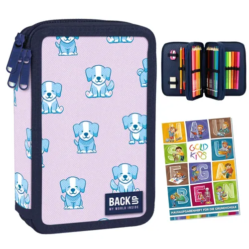 Federmappe 3-Fach Hundedesign, gefüllt - Federmappen & Schlamperrollen, praktische 3-Fach Federtasche mit Hundemotiv, ideal für Schule und Hausaufgaben.