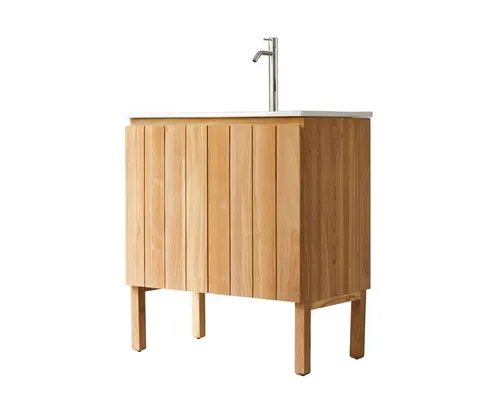 Tikamoon Waschtisch 80 cm Jill mit Keramikwaschbecken - Eleganter Waschtisch aus FSC®-Teakholz mit integriertem Keramikwaschbecken. Die schlichte Designlinie und die pflegeleichte Oberfläche machen ihn zum idealen Möbelstück für Ihr Badezimmer.