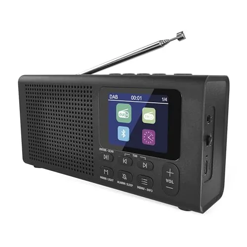 EMOS DAB+ Radio mit Bluetooth und Dual-Stromversorgung - Tragbares Digitalradio mit Wecker und Sleeptimer, 40 Speicherplätzen und TFT LCD Farbdisplay. Genießen Sie erstklassigen Empfang und Musik-Streaming von Ihrem Handy.
