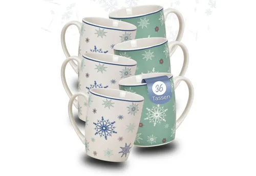 matches21 HOME & HOBBY Tasse Weihnachtstassen 36 Stk. Karton Schneeflocken türkis blau, 36-tlg., Porzellan, Schöne 300 ml Porzellan Kaffee-Tassen bunten Weihnachtsmotive