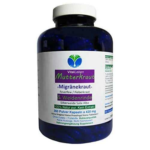 MUTTERKRAUT + WEIDENRINDE 360 Kapseln - Naturkraft für Frauen - Schmerzen & Fieber - 100% natürliche Kapseln zur Unterstützung des Wohlbefindens nach Hildegard von Bingen, vegan und ohne Zusatzstoffe.