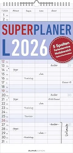Alpha Edition - Superplaner L Familienkalender 2026 – 22x45 cm – Familien-Timer mit 5 Spalten & zusätzlichem Notizbereich – Perfekt für Familienorganisation