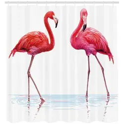 Abakuhaus Duschvorhang Moderner Digitaldruck mit 12 Haken auf Stoff Wasser Resistent Breite 175 cm, Höhe 220 cm, Flamingo Exotische Flamingos on Sea 175 cm x 220 cm