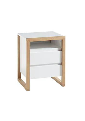 Robas Lund Nachtkonsole weiß matt mit Massivholzelementen - Elegante Nachtkommode mit 2 Schubladen und offenem Fach, ideal für zusätzlichen Stauraum neben Ihrem Boxspringbett. Hochwertige Verarbeitung aus MDF und Eichenholz.