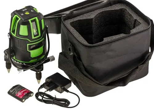 Kalea Informatique Laser Nivelliergerät auf rotierender Basis, 5 vertikale und horizontale Linien, grüne Striche sichtbar im Innen- und Außenbereich, inkl. 2 Akkus und Zubehör