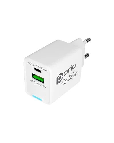 prio® GaN 45W USB C Schnellladegerät | 1x USB C + 1x USB A | 2-Port Ladegerät für Tablet, Smartphone & Laptop | kompakt & sicher | weiß