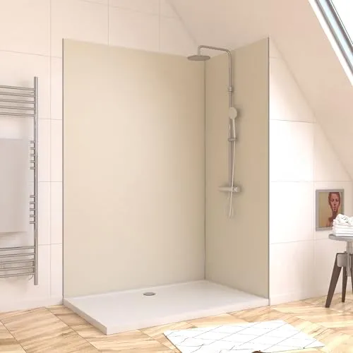 Marwell Urbanox Wandpaneel - fugenlose Aluverbundplatte als Duschrückwand & Küchenrückwand (Ivory, 90 + 120 x 210 cm inkl. Profil schwarz)