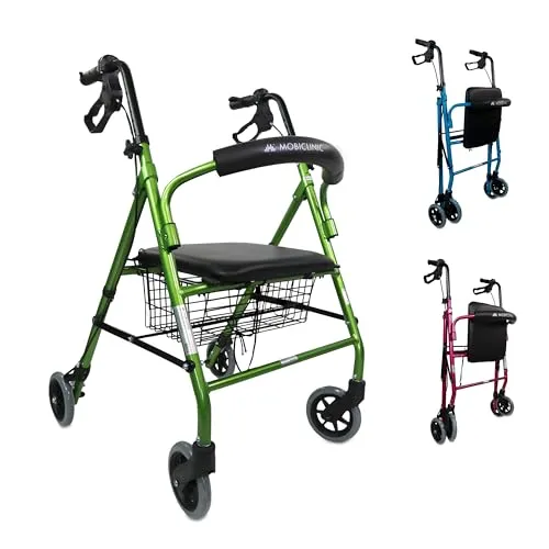 Mobiclinic, Rollator, Escorial, Europäische marke, Faltbar und leicht, Feststellbare handbremsen, Gehwagen für seniore, Aluminium, Mit sitzfläche rückenlehne, Korb, 4 räder, Grün