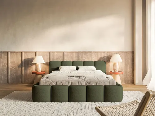 Selsey Polsterbett Cloudy Low, Olivgrün, 140x200 cm - Elegantes 2-Sitzer Polsterbett in Olivgrün, wasserabweisender Chenille-Stoff für pflegeleichte Nutzung, ideal für stilvolle Schlafzimmer.