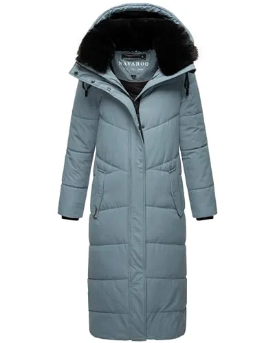 Navahoo Damen Wintermantel - Warmer Steppmantel XXL in Powder Blue - Funktionsjacken: Eleganter, extralanger Wintermantel mit abnehmbarer Kapuze und kuscheligem Kunstfellkragen, ideal für kalte Temperaturen.
