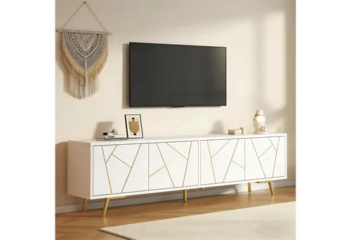 Merax Lowboard mit goldenen Akzenten, TV-Schrank für modernen Stil - Eleganter Merax TV-Schrank mit 4 Türen und stabilen Metallbeinen. Bietet großzügigen Stauraum und Platz für Fernseher bis 85 Zoll – die perfekte Kombination aus Funktionalität und Stil für Ihr Wohnzimmer.
