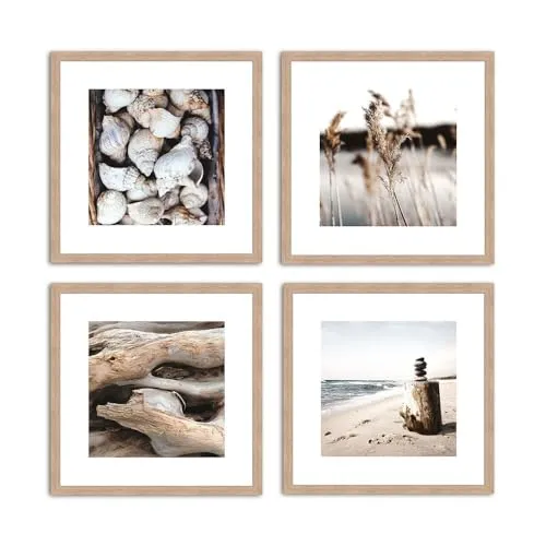 artissimo, Design-Edition, Poster Set inkl. Rahmen, Bilder Set gerahmt, 4x 30x30cm, PE6458-ER, Beach Impressionen, Bild, Design-Poster mit Rahmen, skandinavisches Design, Strand und Meer