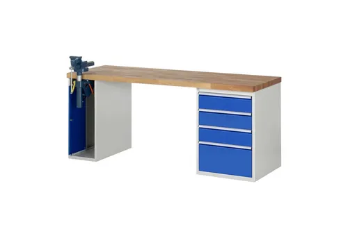 Rau Werkbank Modell 7510 – 4 Schubladen & Schrank - Robuste Werkbank in Blau mit 4 praktischen Schubladen und einem Schrank. Ideal für die professionelle Werkstatt oder den Hobbybereich. Maße: 2000x700x840mm.