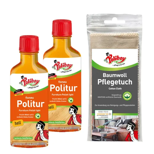 poliboy Fixneu Möbelpolitur hell - 2x100ml - inklusive Baumwolltuch Möbelreiniger (für helle Oberflächen - Made in Germany)