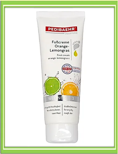 Pedibaehr Fußcreme Orange-Lemongrass 125 ml - Fußcreme zur intensiven Pflege raue und rissige Haut, mit erfrischendem Lemongras für ein angenehmes Hautgefühl.