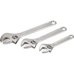 Silverline Einstellbarer Schraubenschlüsselsatz 3-teilig - Rollgabelschlüssel aus gesenkgeschmiedetem Kohlenstoffstahl mit polierten Backenflächen und großem Verstellrad – ideal für präzises Arbeiten in der Werkstatt.