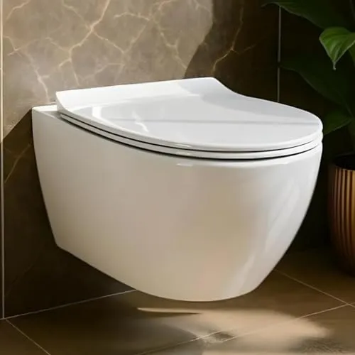 BADLAND WC Rolo – Wandhängende Toilette aus Keramik in Weiß, mit Soft-Close WC-Sitz, Nano-Beschichtung, modernes Hänge-WC für Badezimmer & Gäste-WC