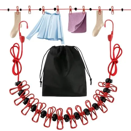 Wäscheleine Camping, Reisewäscheleine mit 12 Stück Klammern und Aufbewahrungstasche, Tragbare Ausziehbare Wäscheleinen für Outdoor, Garten, Reisen, Trocknen im Freien
