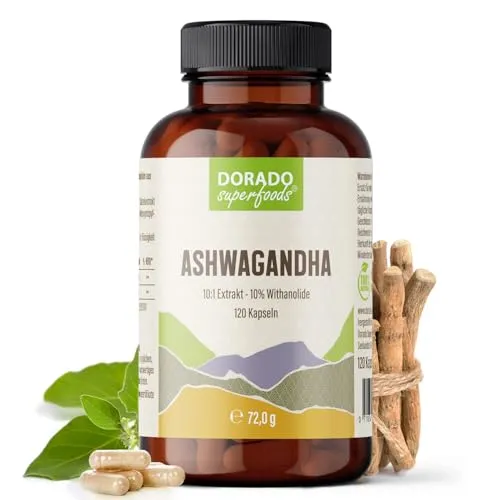Ashwagandha Extrakt Kapseln – 10% Withanolide – hochdosiert – 120 vegane Kapseln (2 Monate) – ohne Zusatzstoffe – Dorado Superfoods®