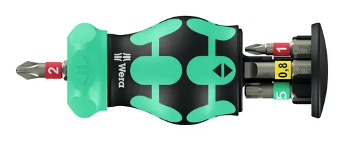 Wera Kompakt Stubby Magazin RA 1 2025 Universal Bit-Set - Bitsatz für schwer zugängliche Bereiche mit integriertem Ratschenmechanismus und 6 langlebigen BiTorsion Bits. Ideal für präzises Arbeiten und sicheres Bit-Halten dank starkem Dauermagnet.