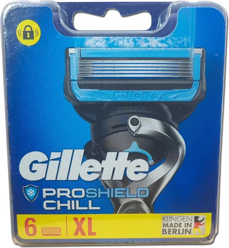 Gillette ProShield Chill 6er Rasierklingen - Made in Berlin - Herren Rasierklingen für Gillette Fusion5 ProShield. 6 Ersatzklingen mit 5 präzisen Klingen für eine gründliche Rasur. Hergestellt in Deutschland, ideal für Gesicht und Körper.