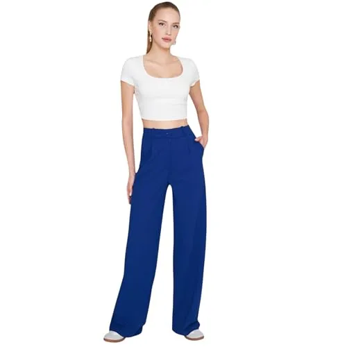 fashionshowcase Palazzohose Damen-Marlenehose mit elastischem, hohem Bund 38 blau